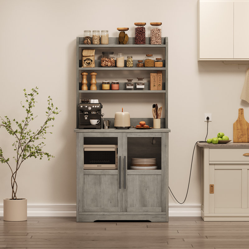Étagère de boulanger spacieuse à 6 niveaux avec prise de courant - Huche de garde-manger moderne, plateau de table épais, armoire de rangement, support pour micro-ondes, grande tablette de bar pour la salle à manger