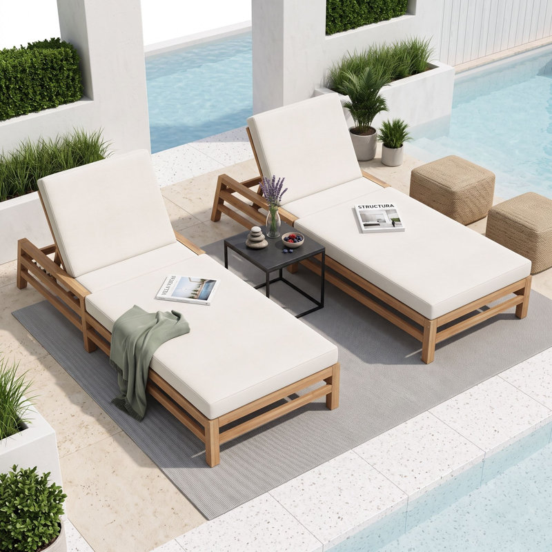 Ensemble de 2 chaises longues d'extérieur avec coussins et dossier ajustables, Teck clair