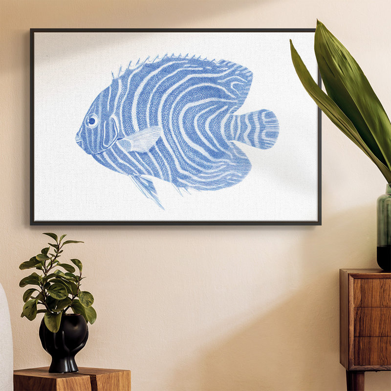 «Blue & White Tropical Fish II», peinture sur toile encadrée, H 25 po x l 37 po x P 2 po, Cadre noir