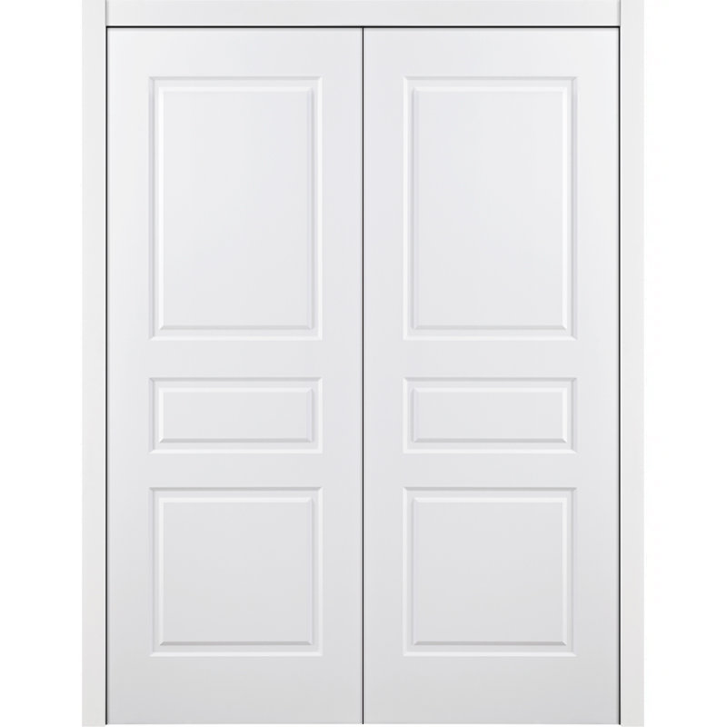 Double porte intérieure traditionnelle stratifiée 3 panneaux pré-suspendu blanc, Réversible, 48 po x 80 po