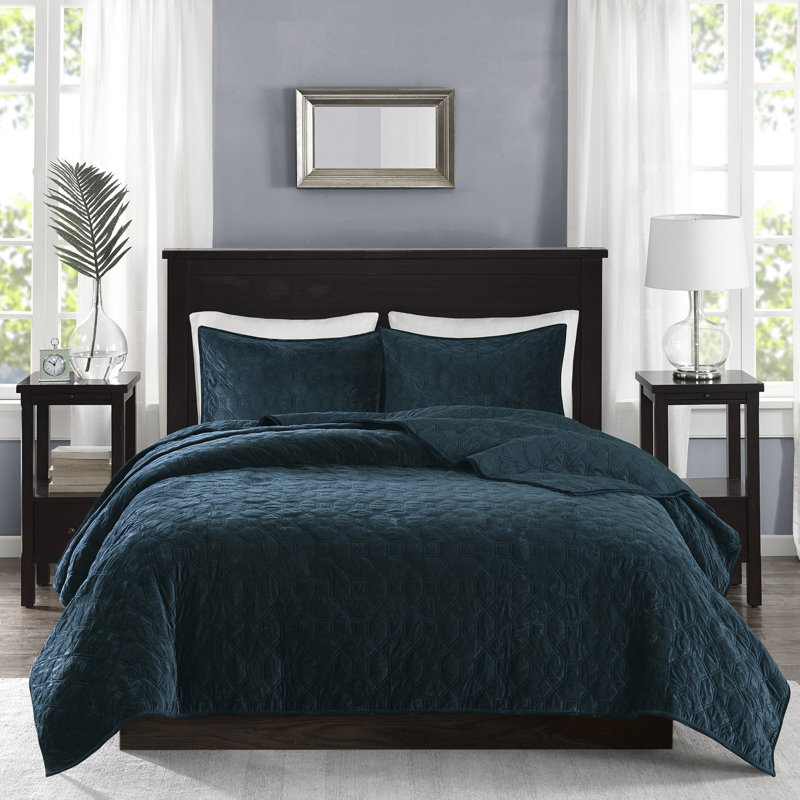 Courtepointe en velours 3 pièces double / grand bleu sarcelle - Courtepointe géométrique pour un environnement de chambre à coucher serein, confort rembourré en coton, comprend 1 et 2 taies décoratives, lavable à la machine, nuit paisible et durable
