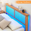 Structure de lit double en rotin naturel avec tête de lit à DEL et pieds en bois, aucun sommier nécessaire-558896606