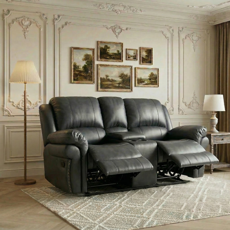 Causeuse inclinable 73,2 po - Similicuir, inclinables doubles 90 ° à 160 °, console centrale avec 2 porte-gobelets., Gris