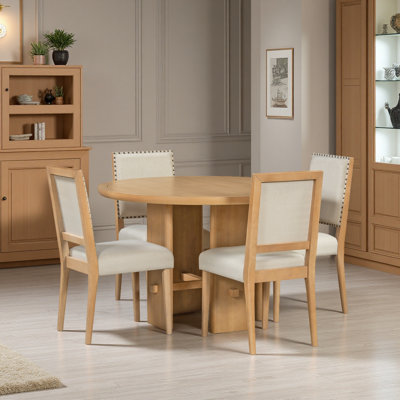 5-piece Farmhouse Round Dining Table Set For 4, With 4 Solid Wood Upholstered Chairs