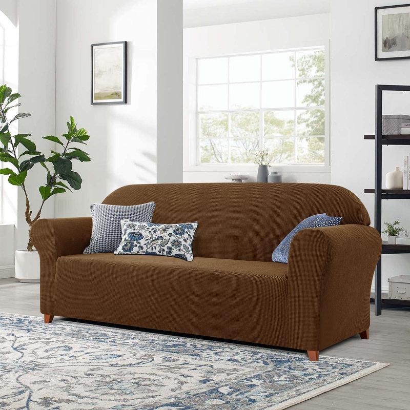 Soft Spandex Stretch Box Cushion Sofa Slipcover, 104cm H x 235cm W x 107cm D, Coffee