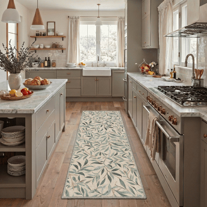 Abeyta Floral Machine Washable Begie/Green Indoor Area Rug With Non-Slip Backing, Runner 2' x 7'