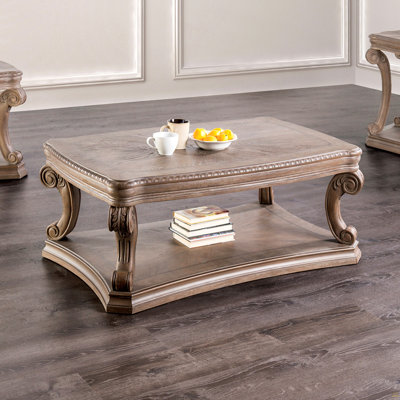 Dentil Moldings Traditional Style Coffee Table With Scroll Carved Details Legs And Open Bottom Shelf Living Room Oak Finish