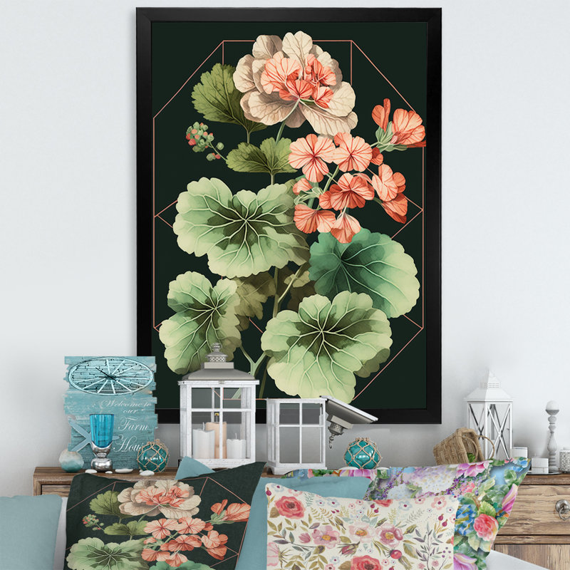 «Geranium florissant en couleurs rétro II», art mural sur toile florale, Impression noire sur toile encadrée