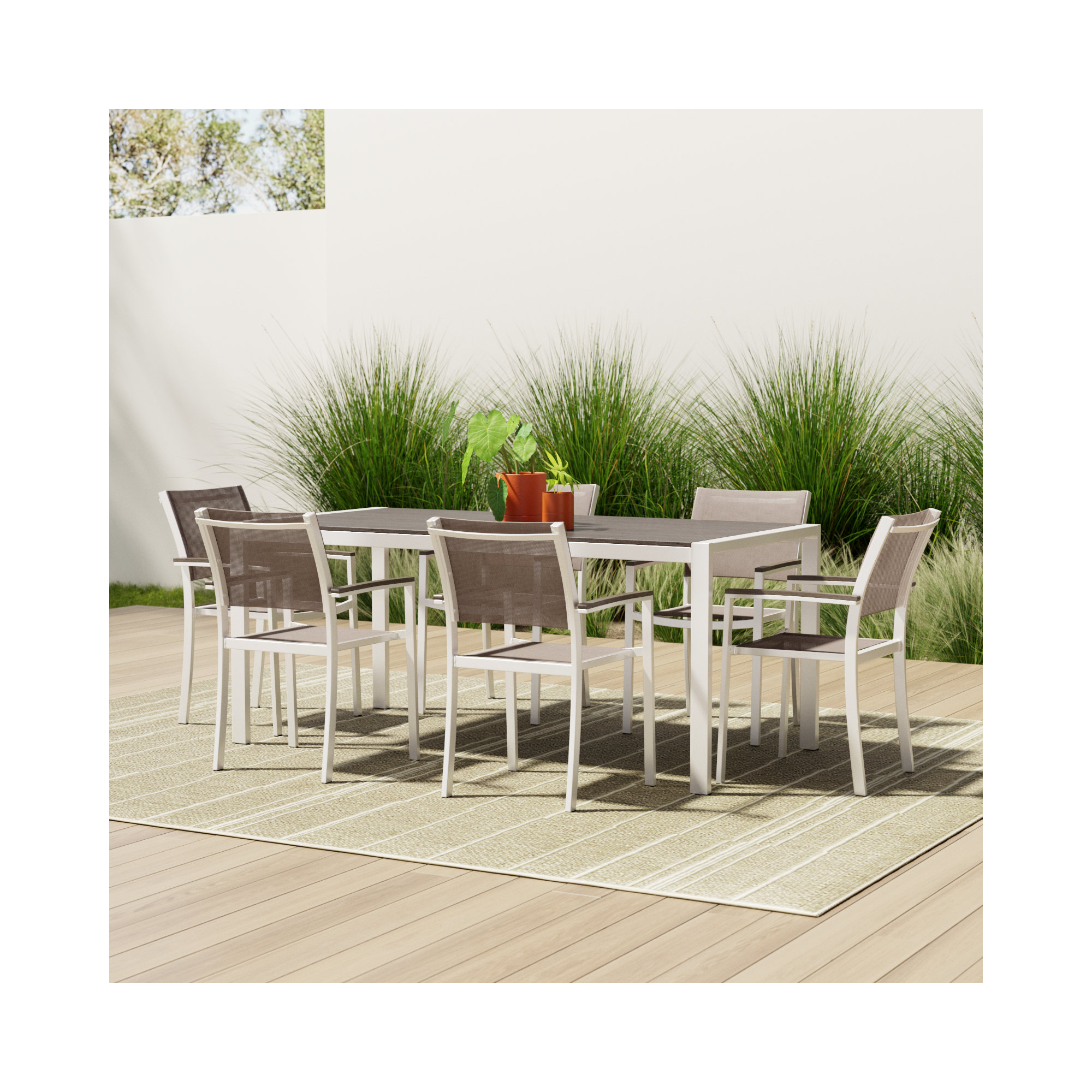 Aynura 6 - Person Metal Patio Dining Set with Rectangular Table, White Frame/Gray Top
