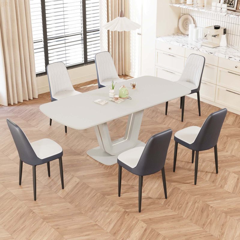 Ensemble de table de salle à manger extensible de 62,99 à 78,74 po pour 2 à 8 personnes, équipé de 6 chaises de salle à manger rembourrées en tissu polyuréthane épais, d'une table de salle à manger spacieuse, d'une table et de chaises de cuisine, avec des pieds en U