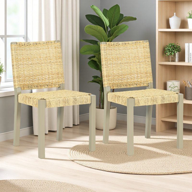 Extendable Farmhouse Dining Table Set for 4-8 - Rattan Chairs & Dual-Tone Finish, Child-Safe Compact Design, Champagne