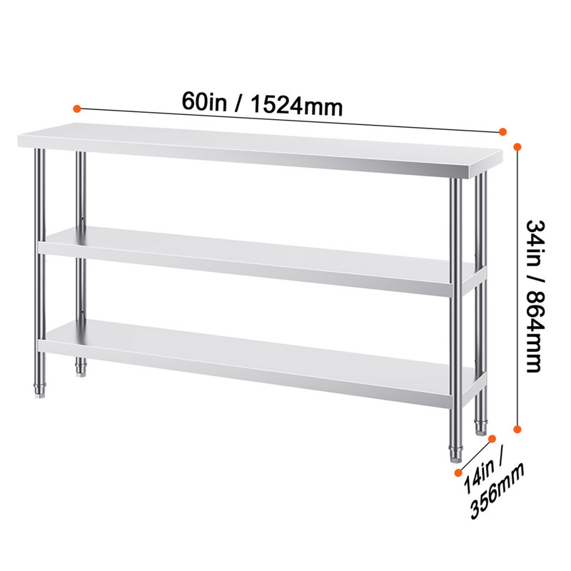 Table de préparation en acier inoxydable, H 34 po x l 60 po x P 14 po, Gris acier / argent