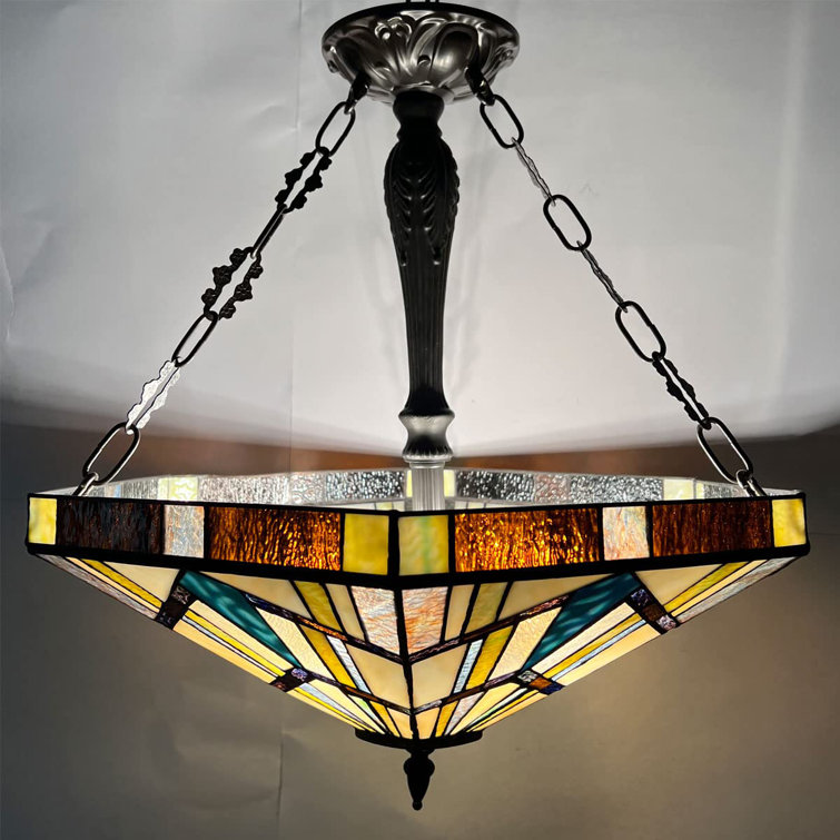 Louis Comfort Tiffany Mission Style Geometric Green Arrow Glass Shade Table Lamp Union Rustic
