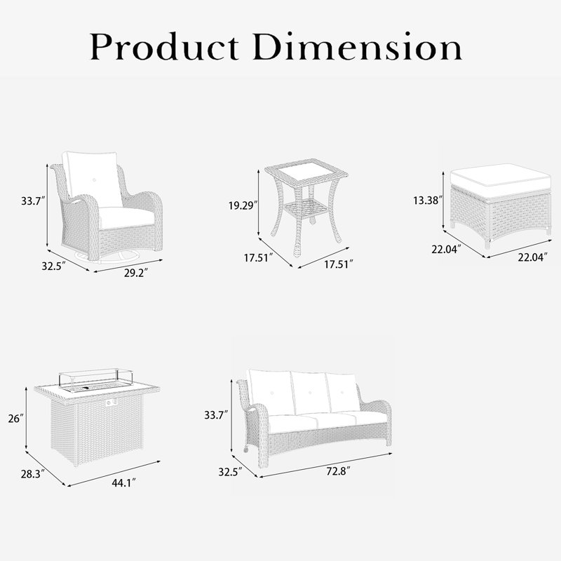  8 Pieces Outdoor Patio Furniture Set With Fire Pit Table, Rattan Wicker Sectional Swivel Rocker Chairs Sets With Ottomans, Swivel Glider Chair And Coffee Table