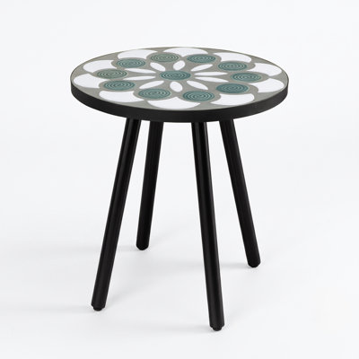 18" Round Mosaic Outdoor Side Table - Handcrafted Art Deco Patio End Table With Rust-Resistant Powder-Coated Metal Frame For Garden, Balcony & Living Room