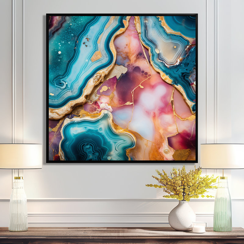 Décoration murale sarcelle Agate Waves Of Glam Gold III - marbre, Cadre flottant noir, H 16 po x l 16 po