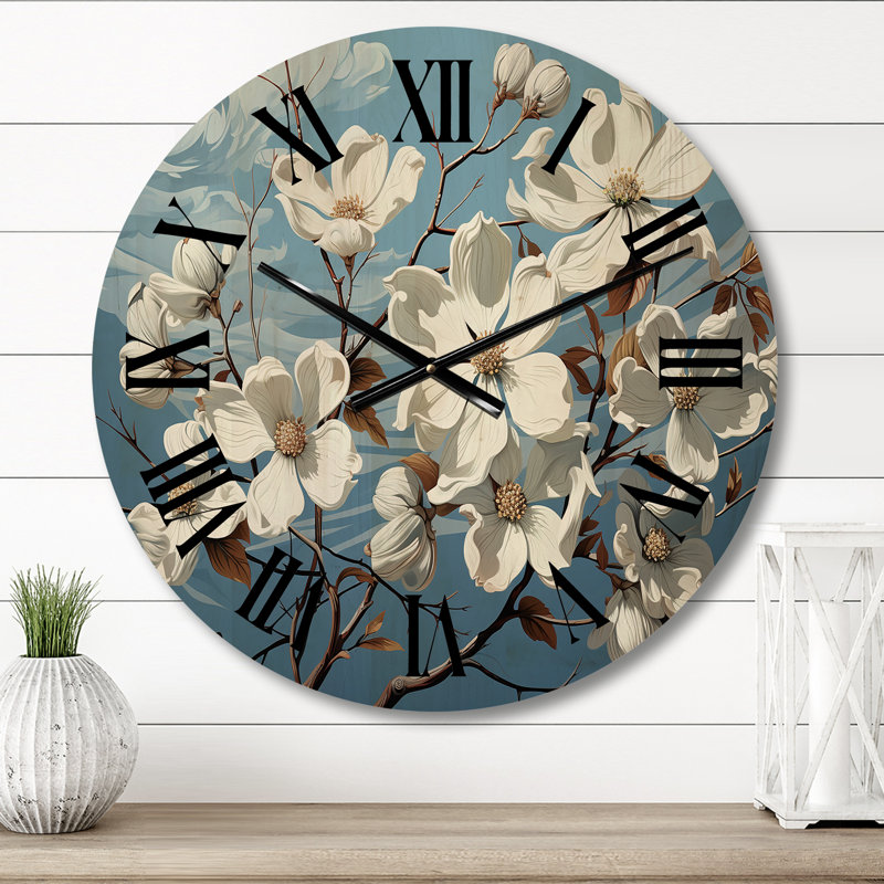 White Blue Dogwood Delight II - Floral Oversized Wood Wall Clock, Petit