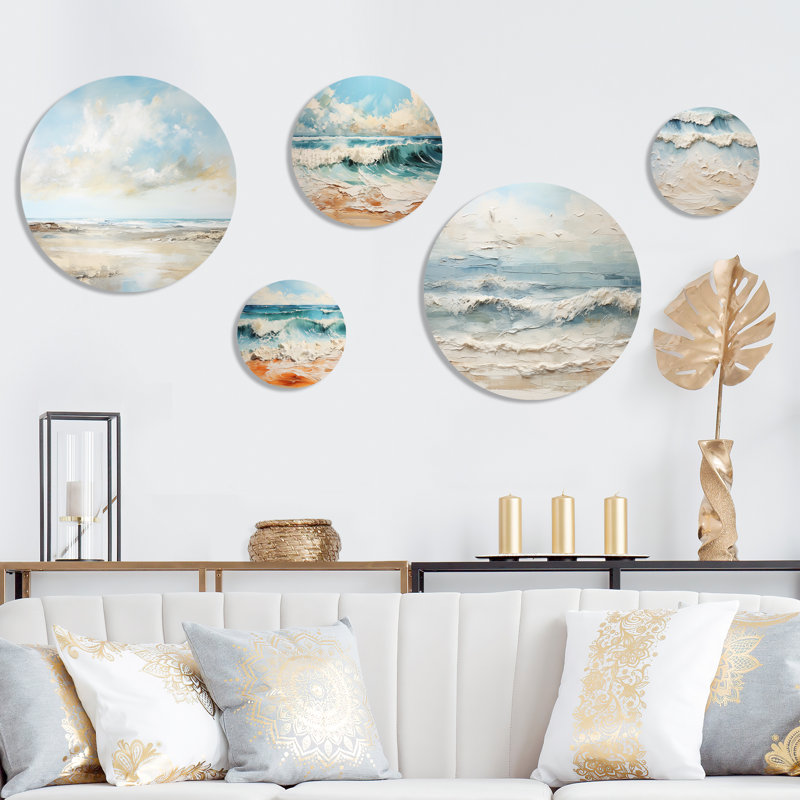 Beige et bleu plage, horizon minimaliste - plage côtière, plage, ensemble d'art mural rond de 5