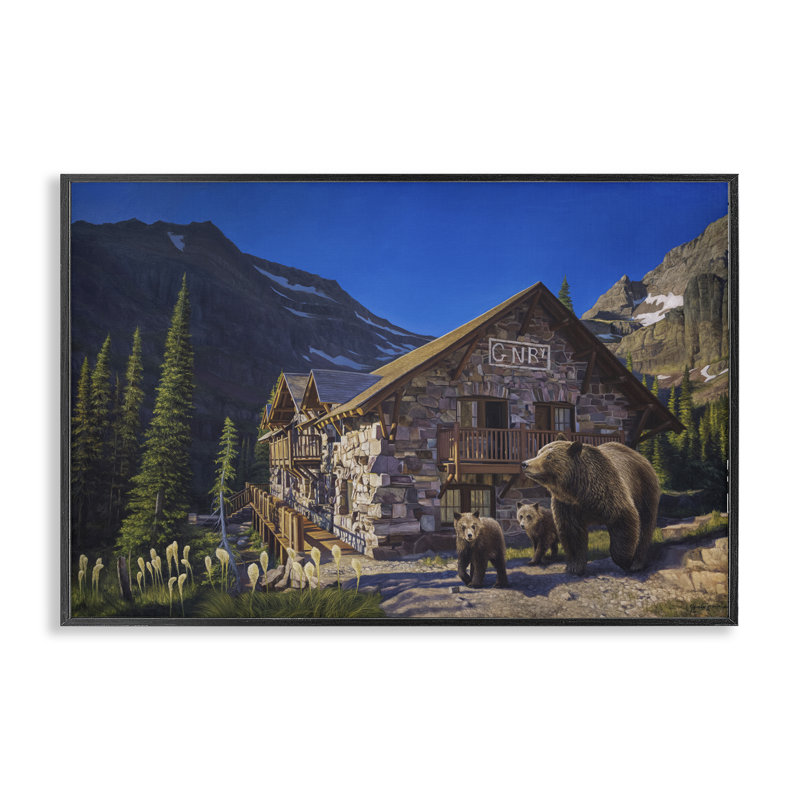 «Forest Cabin & Bears», estampe numérique, conception de James Corwin, H 16 po x l 24 po, Giclée encadrée noir minuit