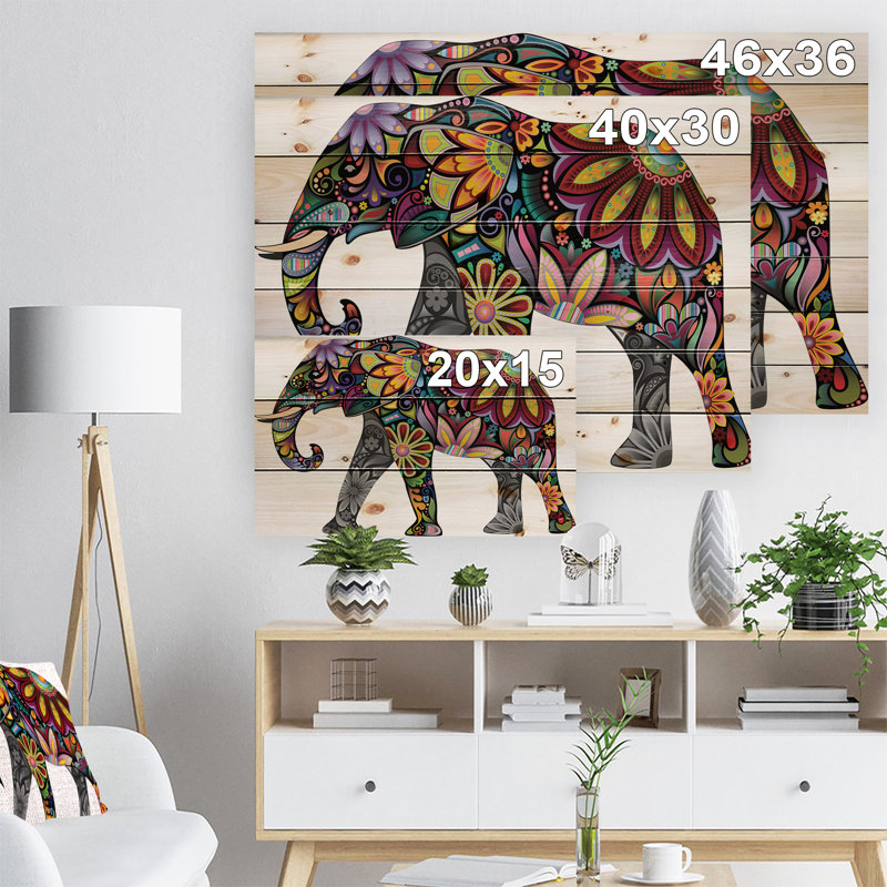 « yellow joyeuse éléphant », impression, H 30 po x l 40 po x P 1,5 po, Bois