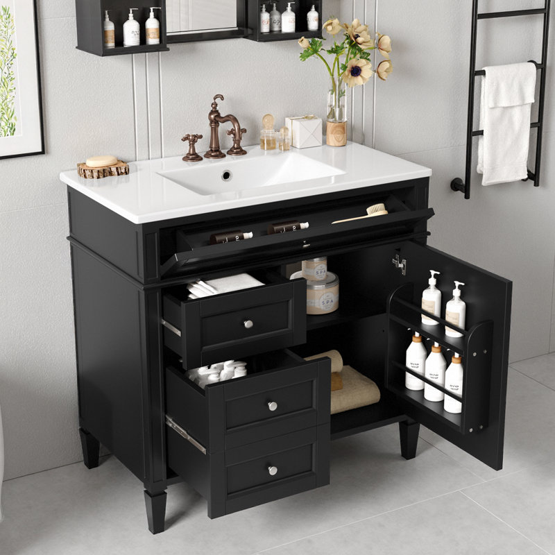 Meuble-lavabo moderne 36 po avec lavabo et tiroir 3 tiroirs, Noir