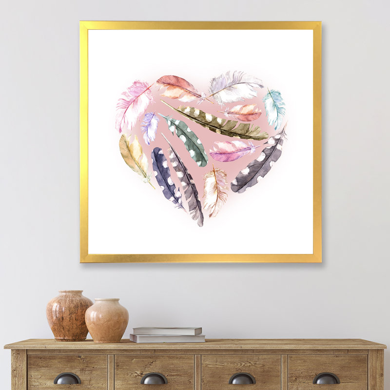 «Ethnic Feather Heart», impression sur toile encadrée, H 30 po x l 30 po x P 1 po, Encadrement doré
