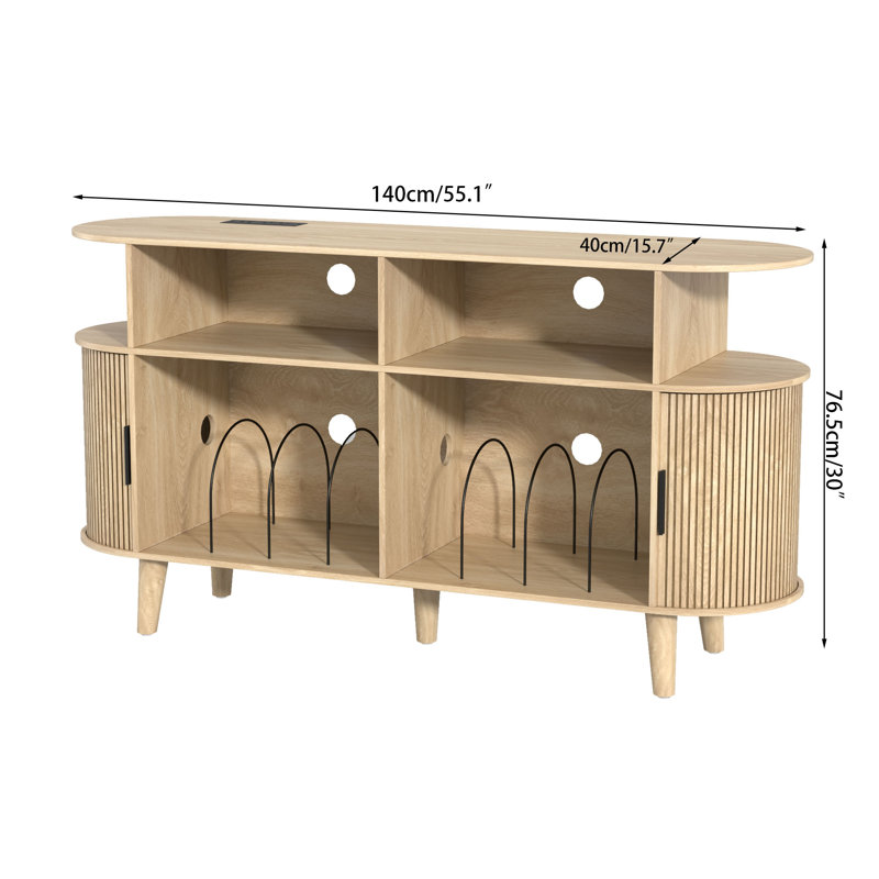 Ethelrene Large Record Player Stand, Mid-century Turntable Stand With Sliding Doors, Vinyl Display Stand For Bedroom Living Room