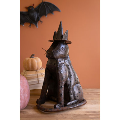 Kalalou Black Cat Halloween Lantern with Witch Hat and Rustic Finish - 24"H