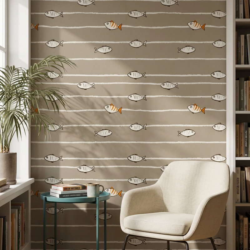 Papier peint décoratif à rayures Fish, Texturé non collé