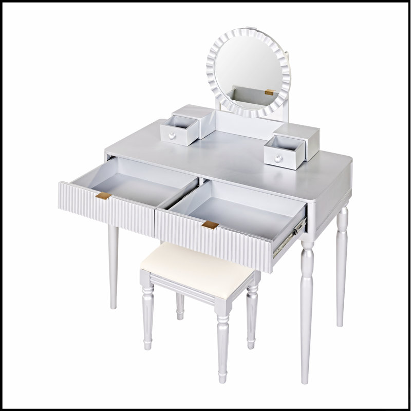 Bureau de coiffeuse de luxe avec miroir rond, hauteur réglable, ensemble de coiffeuse, 4 tiroirs et tabouret