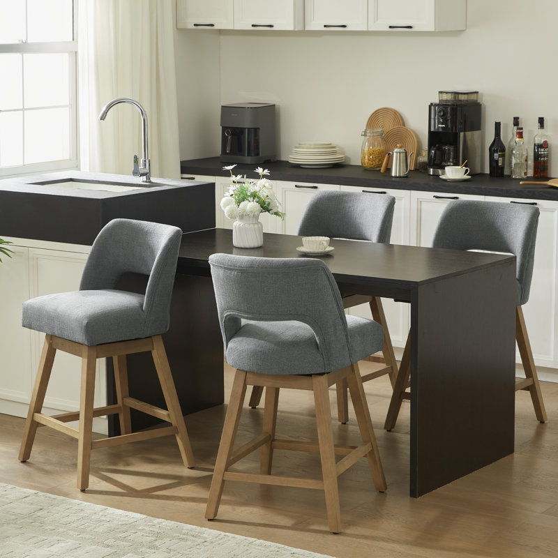 Ensemble de 4 tabourets de bar pivotants de 26 po de hauteur, siège rembourré en polyester sur structure en bois massif, 4
