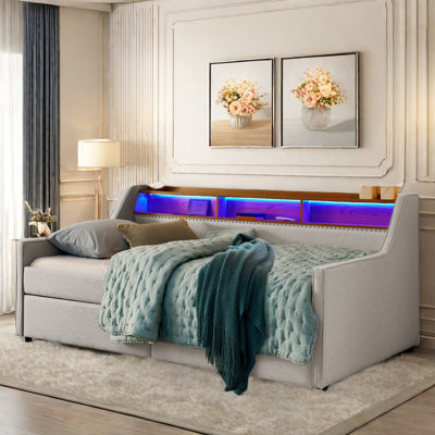 Upholstered Daybed With 2 Drawers, Led Lights, Wireless Charging And Headboard Storage