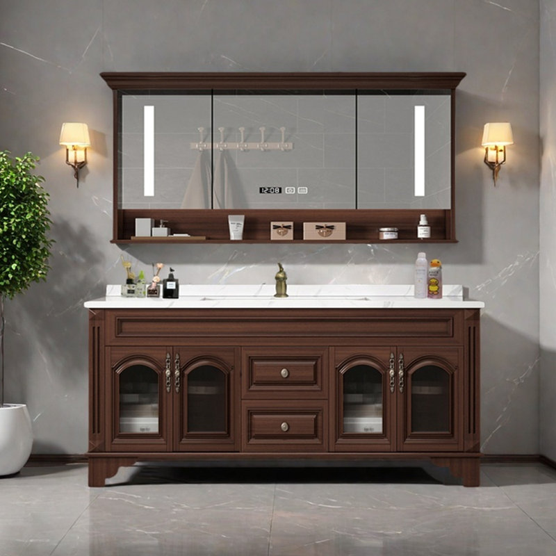 Chinese-style simple bathroom cabinet, Brown, 32.7" H x 63" W x 21.7" D