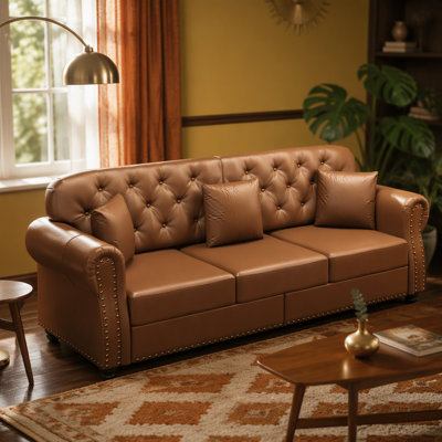 Mid-Century Modern Sofa with Button Tufting, Nailhead Trim, Rolled Arms, and Premium Faux Leather Upholstery for Lasting Comfort and Timeless Style.