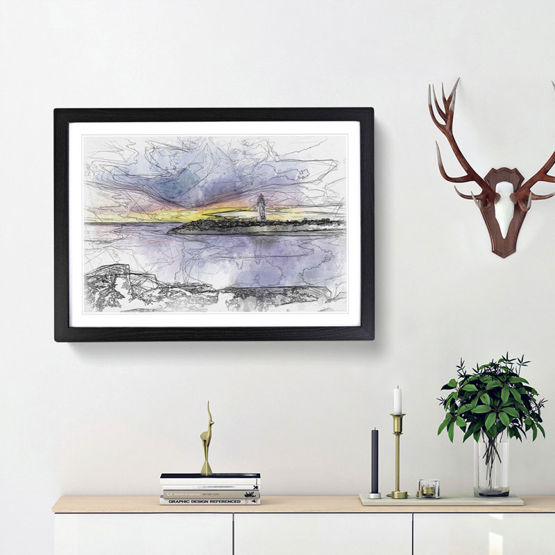 Remote Lighthouse & Seascape Sketch - Picture Frame Graphic Art Print, 40cm H x 60cm W x 2cm D, Black Framed
