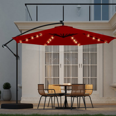  Parasol de terrasse solaire à DEL de 10 pi avec base, parasol en porte-à-faux décalé d'extérieur, inclinaison infinie, 40 lumières à DEL et protection UV pour la cour, le jardin, la piscine et le jardin