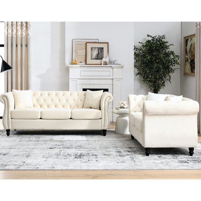 3 + 2 Combination In Soft Beige Velvet Upholstery With Removable Seat Cushions