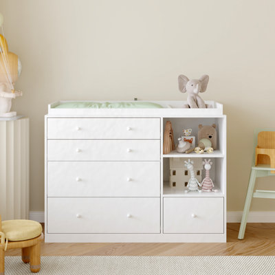 White Chest Of Drawers, Baby Changing Unit With 5 Drawers & Storage Shelves, Baby Clothes Storage Cabinet Dresser For Bedroom, Baby Room, 120w X 49.5d Cm