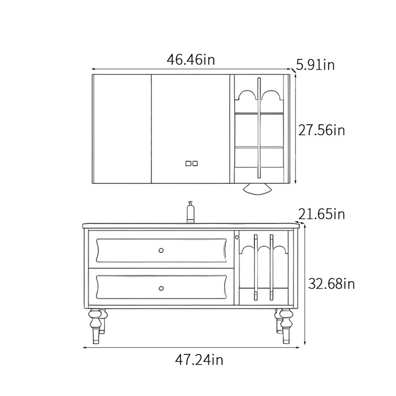 Armoire de salle de bain sur pied de style médiéval, H 32,68 po x l 47,24 po x P 21,65 po