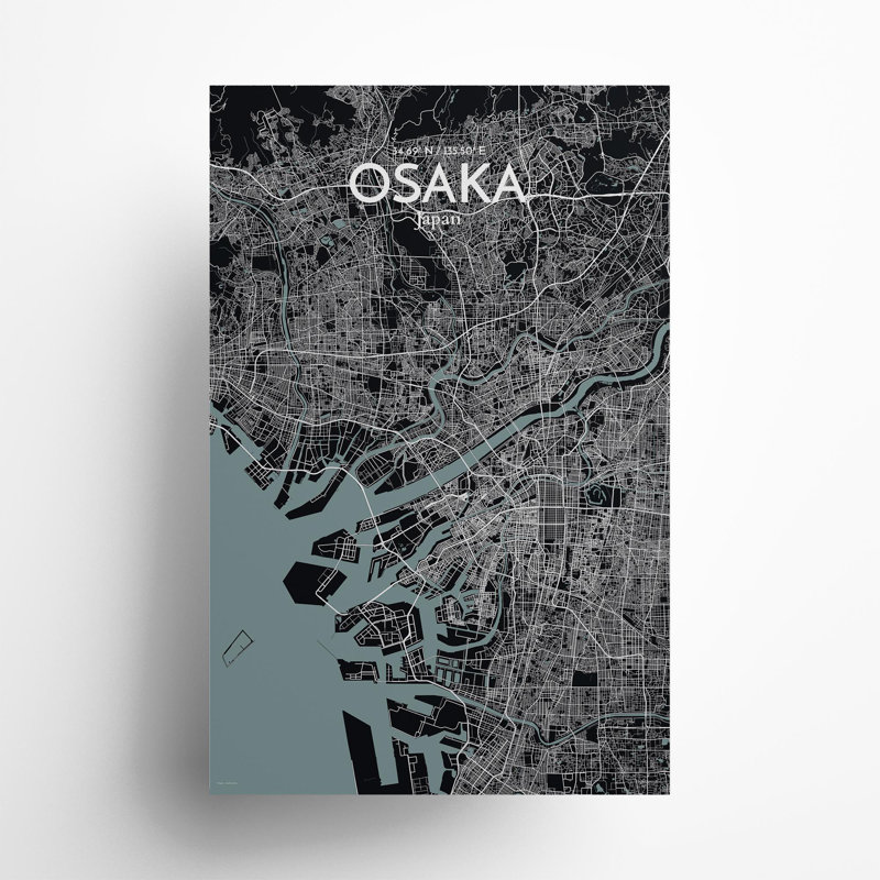 Osaka City Map In Midnight - No Frame Print, 17cm H x 11cm W x 0.05cm D