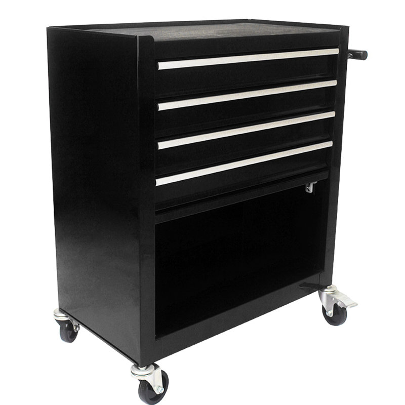 Chariot à outils multifonctionnel à 4 tiroirs avec roulettes - noir, structure en acier, mouvement de tiroir en douceur, frein 2 pièces et sans pour une mobilité stable, options de rangement supplémentaires fournies, conception douce