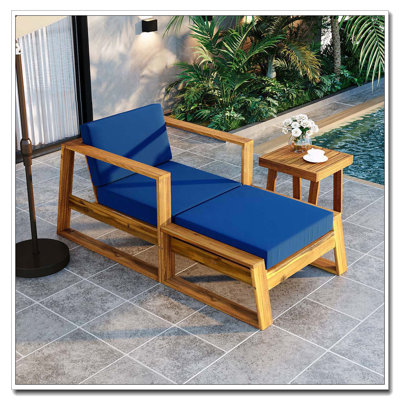 2-Piece Acacia Wood Outdoor Lounge Chair Set with Ottoman and Side Table