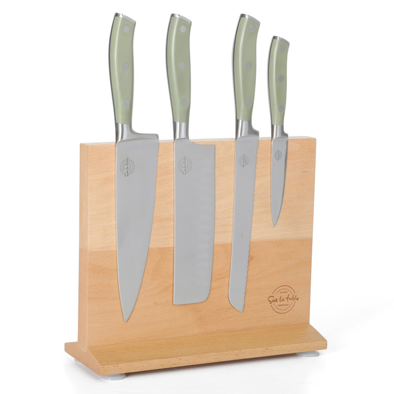 Sur La Table Kitchen Essentials Sur La Table Kitchen Essentials 5 Piece German Steel Blade With Triple Riveted Handle Set on Beechwood Magentic Block - Juniper Green
