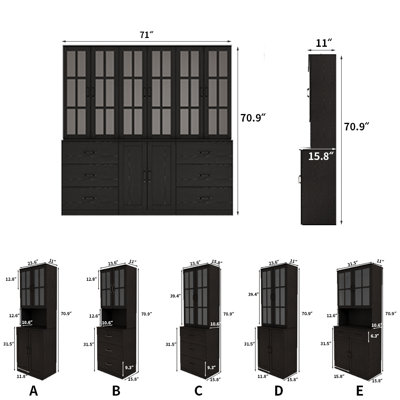  71" H X 71" W Kitchen Pantry With Bookcases, Glass Door Kitchen Hutch With Drawer And Spacious Countertops(ABA),Black