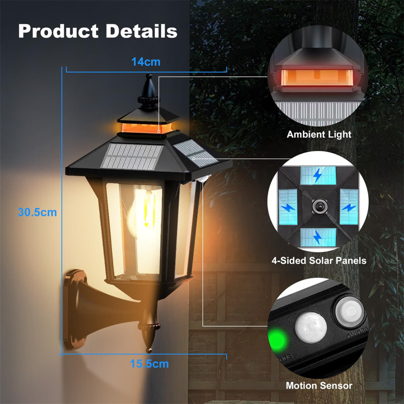 Edveh Satin Black Solar Powered Outdoor Wall Lantern
