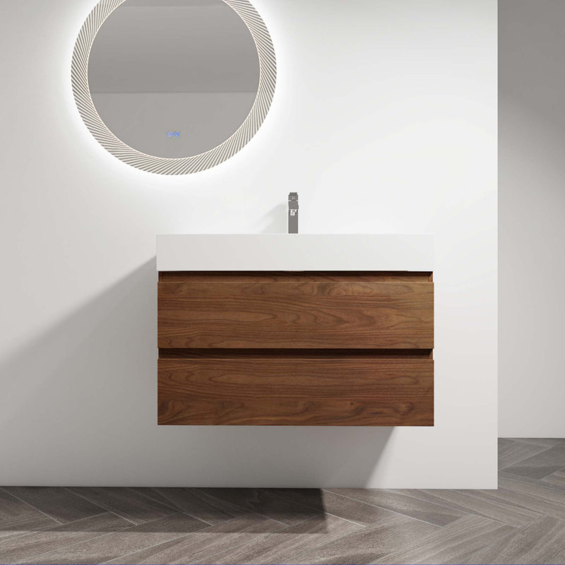 Meuble-lavabo mural avec lavabo en résine, Brun, 36"