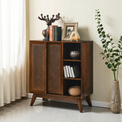 Mid-Century Modern Rattan Sideboard Cabinet with Adjustable Shelves & Solid Wood Feet - Walnut Buffet Storage for Entryway, Living Room, or Dining Room