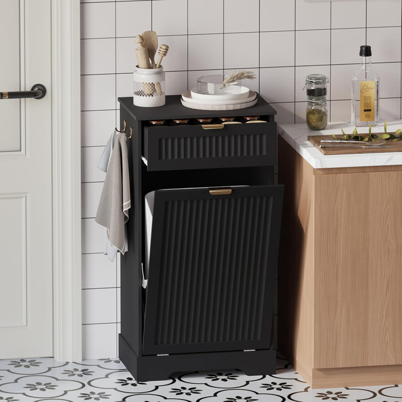 Meuble de poubelle basculant de 10 gallons, armoire à ordures dissimulée cannelée avec tiroir et crochets pour cuisine et salle de bain (poubelle non incluse)