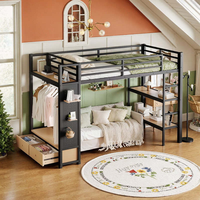 Lit mezzanine simple en métal UnaNidus avec garde-robe, tablettes de rangement et panneau perforé pour économiser de l'espace