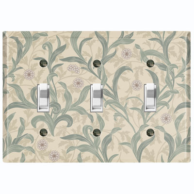 Flower Damask Leaves Olive Green Nature Themed 3 - Gang Toggle Light Switch Standard Wall Plate